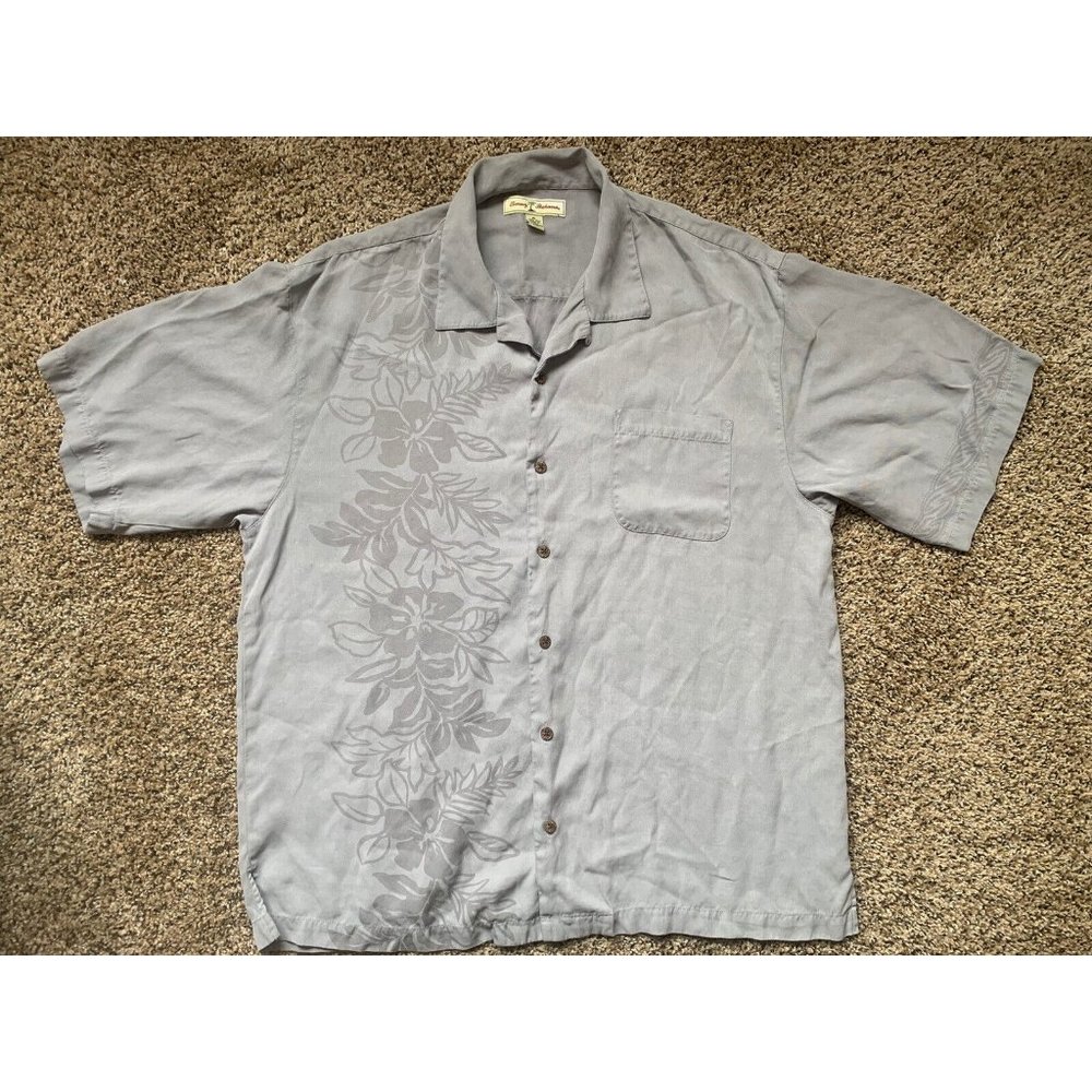 Tommy Bahama 100% Silk Gray Short Sleeve Hawaiian Shirt Button Up Size XL EUC